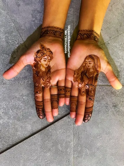 A finished set of portraits featuring Lord Krishna and Radha, each intricately detailed on the palms.