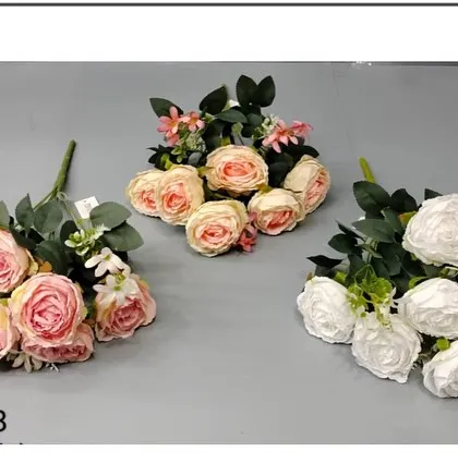 Artificial rose bunches available in soft pink, peach, and classic white, featuring realistic petals and green leaves.
