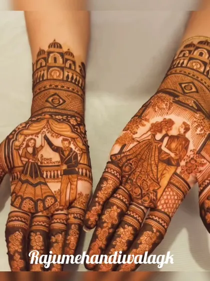 A modern take on Karwa Chauth mehendi, with portraits of the couple in a dancing pose.