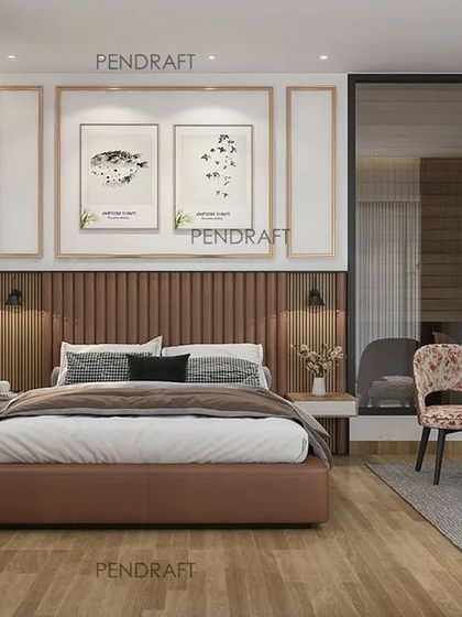 This is our proposed design for a hotel room in Amritsar, featuring an earthy luxury theme. The render shows a balanced composition with a custom upholstered headboard, elegant wall molding, and a warm, wooden floor.