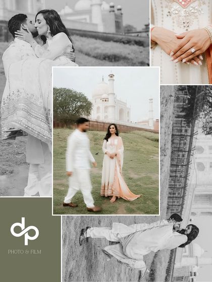 A beautiful collage from the Agra pre-wedding shoot, showcasing a variety of moments from intimate close-ups to grander shots with the Taj Mahal.