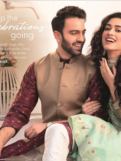 I also coordinate looks for couples for their pre-wedding shoots or functions. Here, the couple is styled in complementary pastel and jewel tones for a festive yet cohesive appearance.