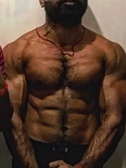 A close-up of my chest and ab development.