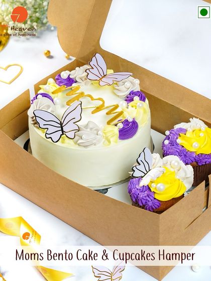 Our Mom's Bento Cake & Cupcakes Hamper for Mother's Day, featuring a beautiful butterfly-themed cake and matching cupcakes.