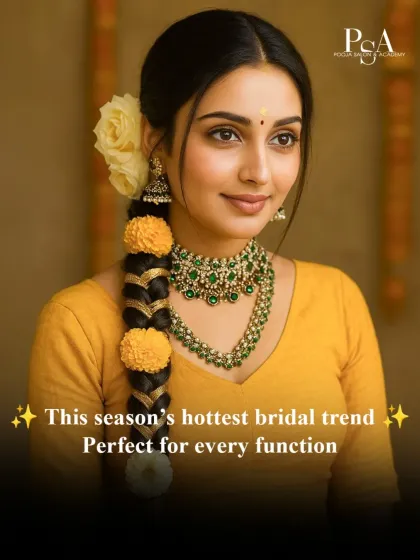 This is a South Indian inspired bridal braid, decorated with marigold flowers. The style is both traditional and trendy, making it a stunning choice for functions like the mehendi or the wedding itself.