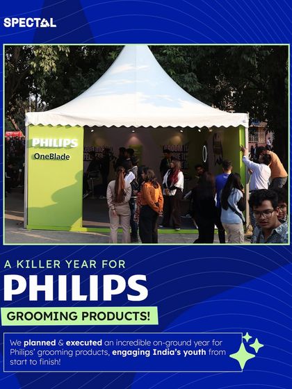 We planned and executed a killer on-ground year for Philips grooming products. This image shows the branded pop-up tent we set up on campus to introduce the Philips OneBlade to India's youth.
