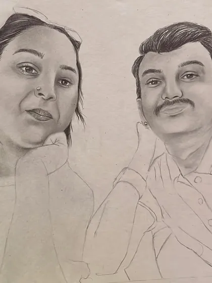 A work-in-progress shot of the selfie-style portrait. The initial outlines are complete, and the shading process has begun on the woman's face.