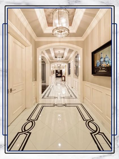 This grand hallway feels like a gallery, with its patterned marble floor, high ceilings, and repeating archways. It’s a perfect example of how we turn a simple passage into a luxurious experience.