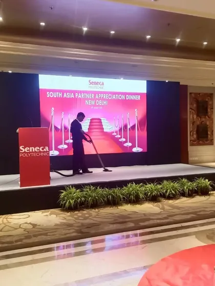 The stage setup for the Seneca Polytechnic partner appreciation dinner in New Delhi. I provide professional stage design with integrated LED screens and podium branding for a polished, international-standard event.