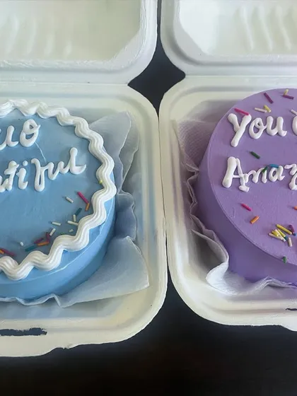 Our personalized Bento Cakes are perfect for intimate celebrations and thoughtful gifts. These mini cakes, shown here with custom messages, pack all the flavor and joy of a full-sized cake into a charming, giftable box.