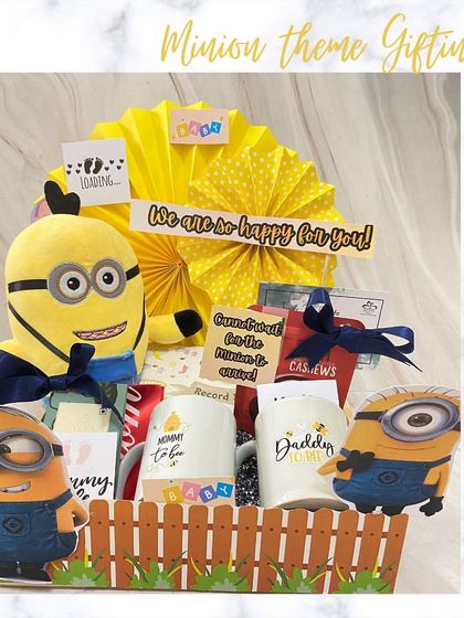 A fun Minion-themed hamper for the mommy and daddy-to-be. This playful gift includes Minion toys and mugs, along with snacks and other treats to enjoy.