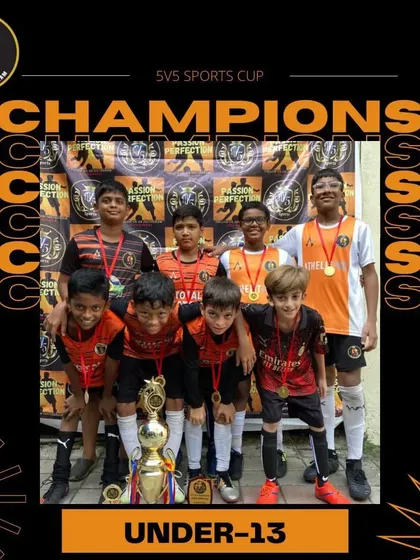 Our U13 team celebrating their championship at the 5v5 Sports Cup, a victory earned through dedication both on and off the pitch.