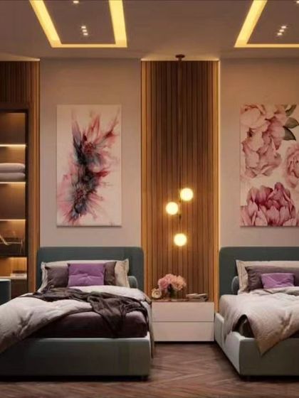 A beautifully balanced bedroom for two, featuring twin beds with elegant headboards. The design uses a symmetrical layout, with a wood-paneled accent wall and artistic floral paintings to create a harmonious and sophisticated space.
