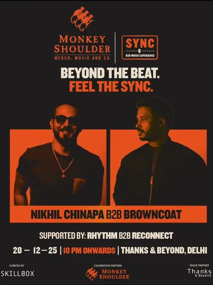 A poster for the Nikhil Chinapa B2B Browncoat SYNC event in Delhi, highlighting the supporting acts.