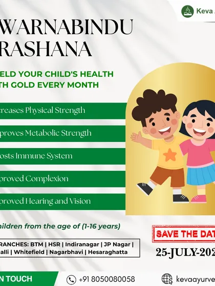 This graphic uses a clean, modern design with cartoon children to announce an upcoming Swarnabindu Prashana date. It clearly lists the primary benefits, including increased physical strength, improved metabolic function, and a boosted immune system.