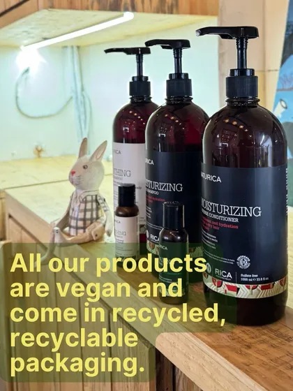 Being mad about hair doesn't mean we're mad at the planet. Every single product we use, from shampoo to conditioner, is 100% vegan and comes in recycled, recyclable packaging. Great hair shouldn't cost the earth.