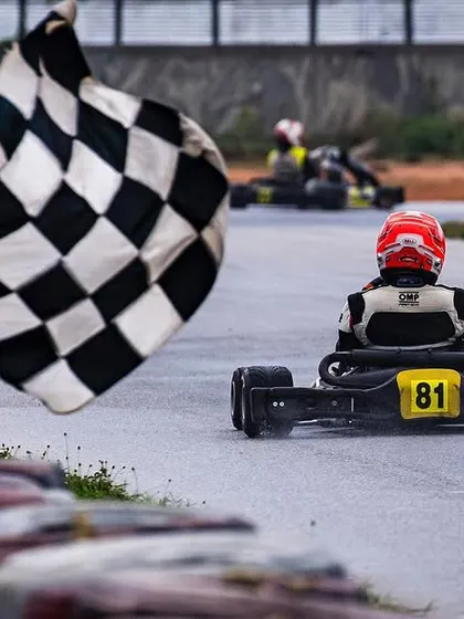 Our driver in the number 81 kart takes the checkered flag in the rain.