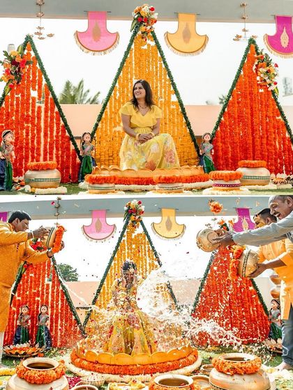 A collage from a vibrant Haldi ceremony, showing the bride before and during the playful ritual of being showered with water.