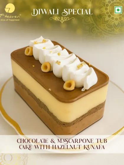 A luxurious fusion for Diwali. Our Chocolate & Mascarpone Tub Cake with Hazelnut Kunafa is a decadent blend of creamy, crunchy, and chocolatey goodness.