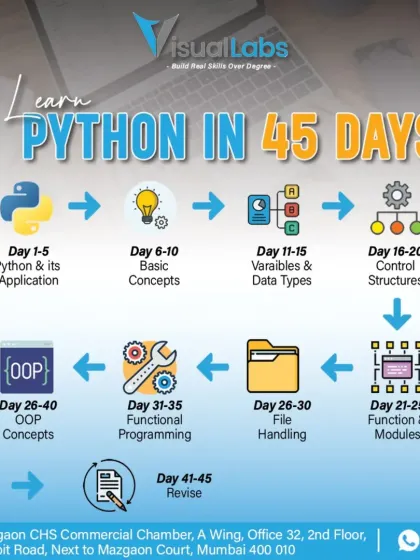 Our intensive "Learn Python in 45 Days" roadmap. We take you from basic concepts and data types to Object Oriented Programming and file handling, ensuring you have a solid foundation in a short time.