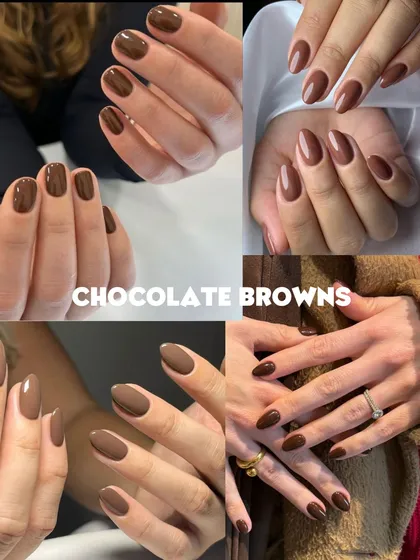 Chocolate browns are a chic and versatile neutral. This collage shows a range of rich, glossy brown polishes on perfectly manicured nails, a perfect look for any season.