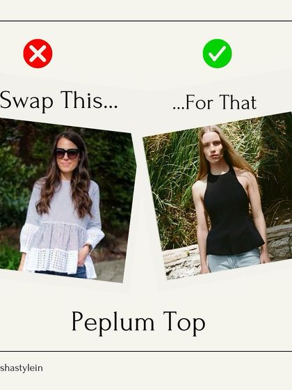 An easy upgrade for tops: swap outdated, frilly peplum tops for modern, sleek halter-neck styles.
