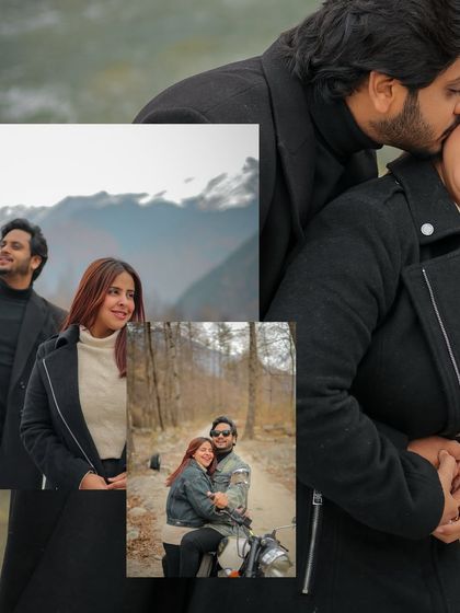 A collage of post-wedding edits, capturing the cozy and romantic moments of a newly married couple in Himachal.