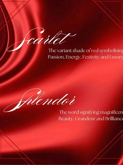 This is the concept board we created for the 'Scarlet Splendor' theme. We define the meaning behind our concepts, explaining how 'Scarlet' represents passion and 'Splendor' signifies grandeur and brilliance.