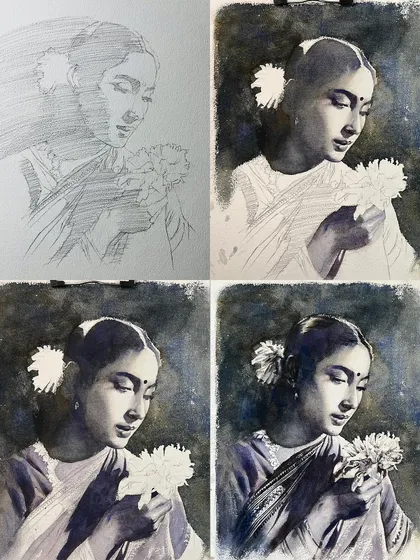 A step-by-step collage of the Nutan portrait with flowers.