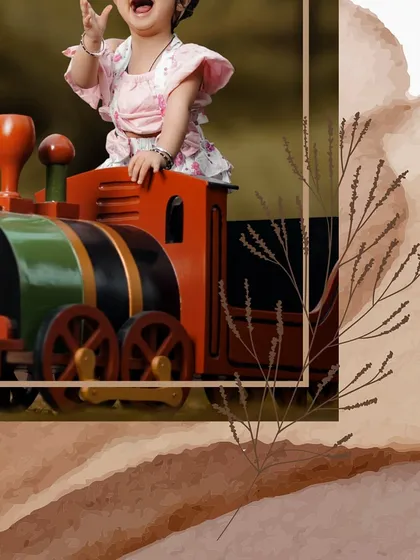 A collage-style image capturing the pure joy of a little girl playing on a toy train. Her happy shout is a perfect expression of childhood fun.
