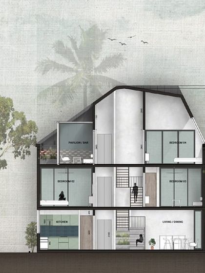This section drawing of a Kolgaon house illustrates the vertical organization of the home. It shows the double-height living spaces, the compact upper floors, and the glass box pavilion on the roof, revealing the project's spatial complexity.