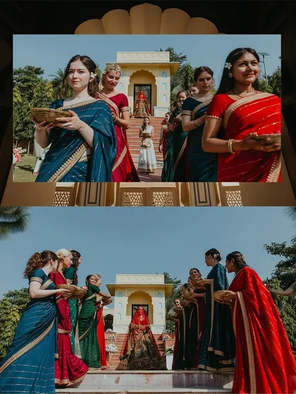 The bride's entrance, with her bridesmaids leading the way, ready for the ceremony to begin.