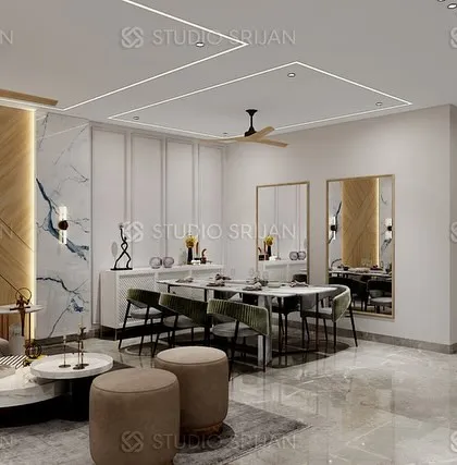 This view shows the dining area set against a wall with classic molding and twin mirrors, which enhance the sense of space and formality.