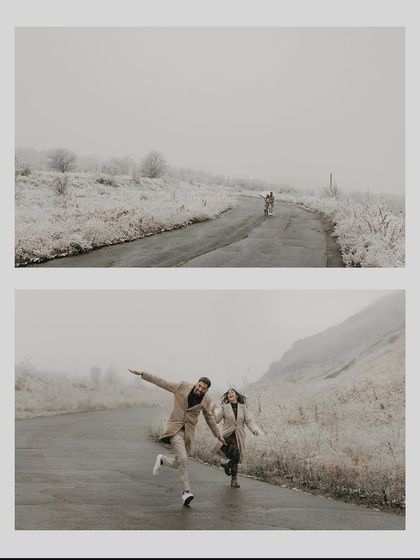 The joy of running free on an open road in snowy Almaty. We encourage playful, unscripted moments that reveal a couple's true dynamic.