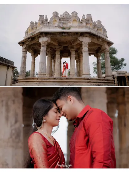 A two-panel image combining a wide architectural shot with an intimate close-up of the couple.