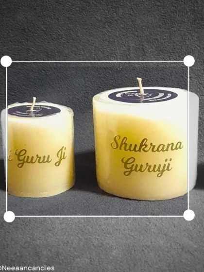 Shukrana Guruji. In every flicker, his blessings glow. These divine pillar candles are for peace, love, and connection.