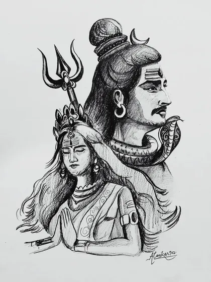 Another version of the completed Shiv and Parvati sketch. The details of the Trishul and Parvati's prayerful hands are central to this piece.