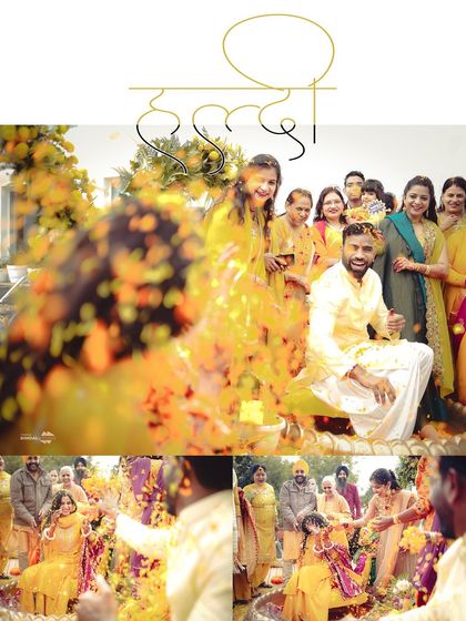 A vibrant collage capturing the moment the couple is showered with marigold petals. The "Haldi" text overlay adds a nice graphic touch.