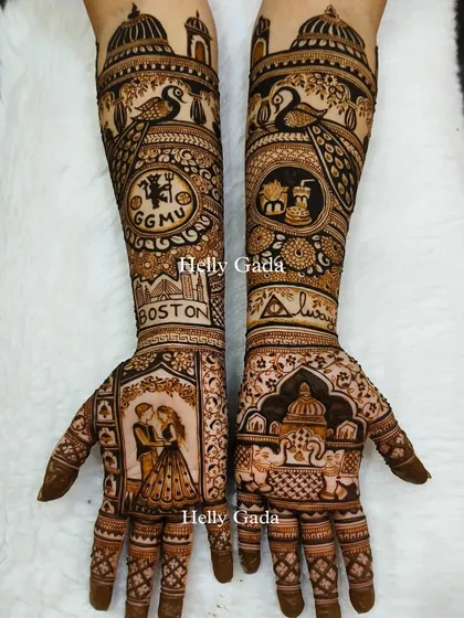 Your mehndi should be all about you. For this bride, I included the Boston skyline, her love for Manchester United, and even some fast food favorites. Bol! Tell me your story, and I'll draw it.