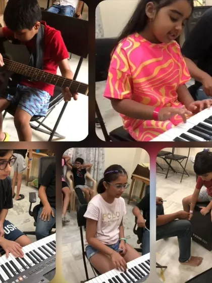 A collage from our music classes showing students deeply engaged in learning. We offer hands-on instruction for guitar, piano, and cajon, tailoring lessons to each child's pace to build both skill and a genuine love for music.