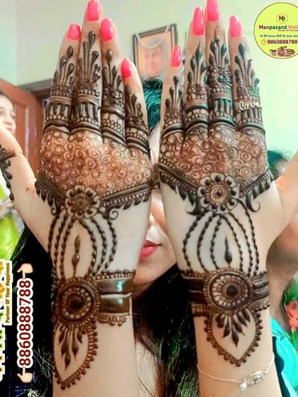 Another view of the jewellery-style mehndi, showing how it adorns the hands. This is a great choice for someone who wants a lighter, more modern design.