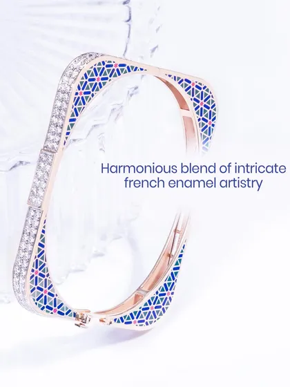 A harmonious blend of intricate French enamel artistry and sparkling diamonds. This geometric kada is a statement of modern luxury and exquisite craftsmanship.