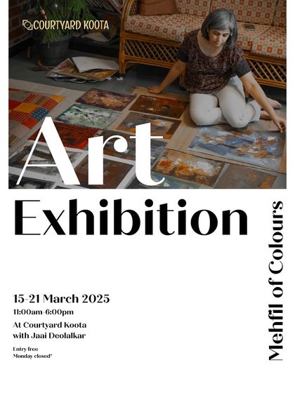 The poster for the "Mehfil of Colours" art exhibition by Jaai Deolalkar, whose work is inspired by the vibrant hues of the forest.