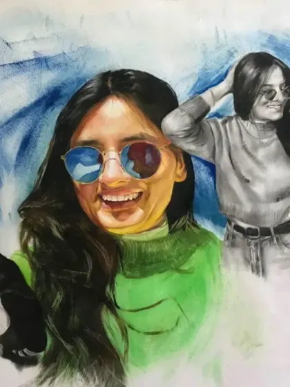 A creative collage-style oil painting. It combines a colorful central portrait with two monochrome sketches on either side, telling a story in one frame.