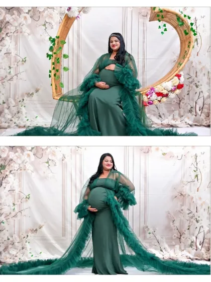 Two beautiful poses in our green tulle gown. The mom-to-be looks serene and confident, whether seated on the floral hoop or standing for a classic portrait.