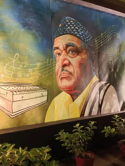 A mural of the legendary Assamese singer Bhupen Hazarika that I painted as part of the Durga Puja pandal decorations.