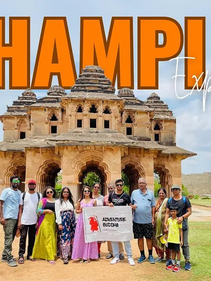 A graphic inviting travelers to explore Hampi with us, featuring a group photo at the Lotus Mahal.