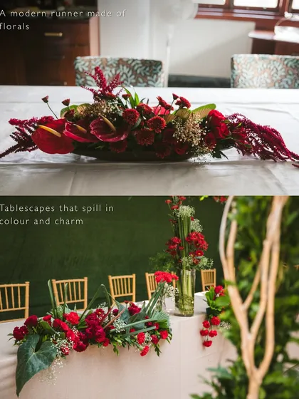 This collage showcases different styles of floral table runners. Whether it's a modern, linear arrangement or a more sprawling, organic design, these runners add a continuous line of color and texture to long dining tables.