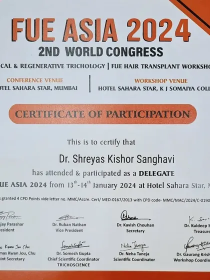 My delegate certificate from the FUE ASIA 2024 World Congress. This event covered the latest in medical and regenerative trichology, including advanced FUE hair transplant workshops.