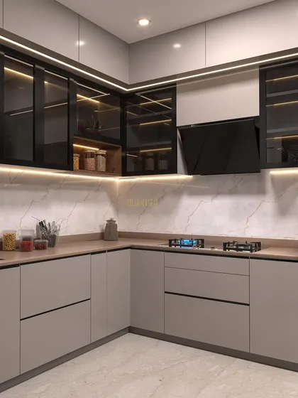 Another angle of the Gaur Saundaryam kitchen render, showing the L-shaped layout and the sleek, handle-less cabinetry. The design includes a hanging planter box over the breakfast counter, adding a touch of nature.